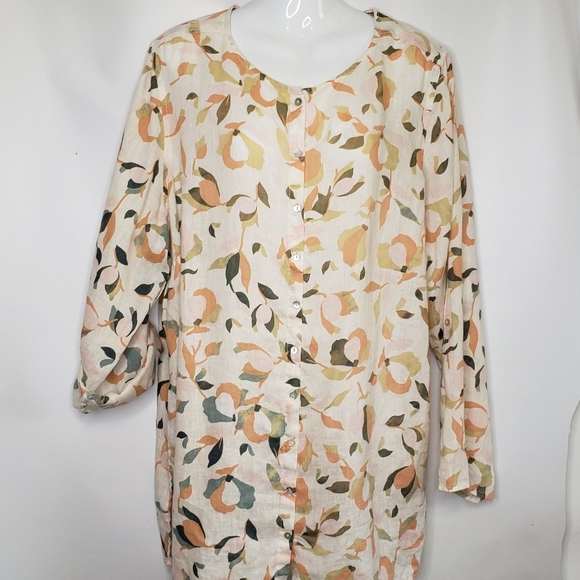 Rachel Zoe Women's Linen Blouse Size 2X Abstract Floral Roll Tab Button Front - Picture 2 of 14